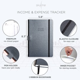 Skyline Income & Expense Tracker – Accounting Ledger Book with 1 Pocket for Receipts – Bookkeping Notebook for Business Account Records – Small Business Supplies – A5 Size, Hardcover (Silver Black)