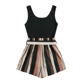 SOLY HUX Women's Summer Sleeveless Striped Belted Tank Romper Short Jumpsuit Black M