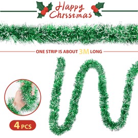 Tinsel Christmas Tree Green & White 4 x 3 m Garland Christmas Tinsel Diameter 9 cm, Shiny Christmas Garlands Fir Garland Christmas Tree Decoration Green Christmas Decoration Garland