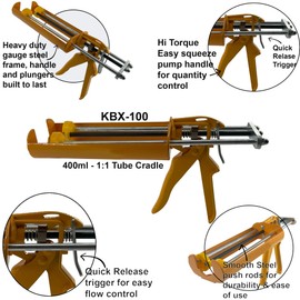 KARBXON - KBX100 - Dual Component Adhesive Epoxy Dispenser 400ml (Accepts 1:1 Mix Ratio Cartridges) 13:1 Thrust ratio - Professional Heavy Duty Dripless Applicator + (9) Shaping Tools