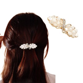 Bow Hair Clip Rhinestone Pearl Hair Clips Glitter Metal Snap Barrette Hair Accessories for Women(Gold)