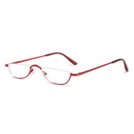 REAVEE Reading Glasses, Half Frame, Half Moon Type, Metal, Thin, Lightweight, Unisex, Stylish, Case Included, Prescription, +3.0, Red