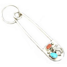 Safety Pin W/Key Ring Chain W/Nugget Dyed Turquoise & Coral Crafted Eagle Hand Crafted by Virginia Johnson Giant