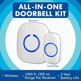 Wireless Doorbell, 300 m Range, Waterproof Front Door Bell Kit with 2 Plug-in Receivers and 1 Transmitter, 52 Melodies Doorbell with LED Flash - Model CX (White)