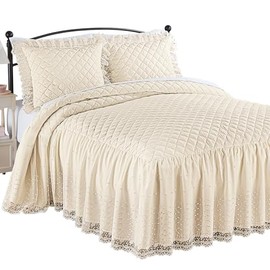 Collections Etc Diamond Quilt Top Vintage Lace Ruffle Skirt Bedspread