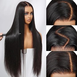 Hxxcoup Straight Human Hair Wig Natural Black 5x5 Lace Front Echthaar Perücke Schwarz Perücke Damen Glueless Wear and Go Blenched Knots with Baby Hair for Woman No Smell 30 Zoll