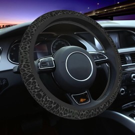 Leopard Steering Wheel Covers Non Slip Neoprene Steering Wheel Protector Cover Universal 15 Inch for Men Women (Black Green Grey)