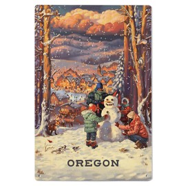Lantern Press 6x9 Inch Wood Sign, Ready to Hang Wall Decor, Oregon, Merry and Bright, Vintage Snowman