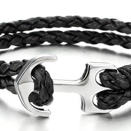 COOLSTEELANDBEYOND Mens Women Marine Anchor Wrap Bracelet Wristband, Double-Lap Black Braided Leather, Nautical Sailor(CA)