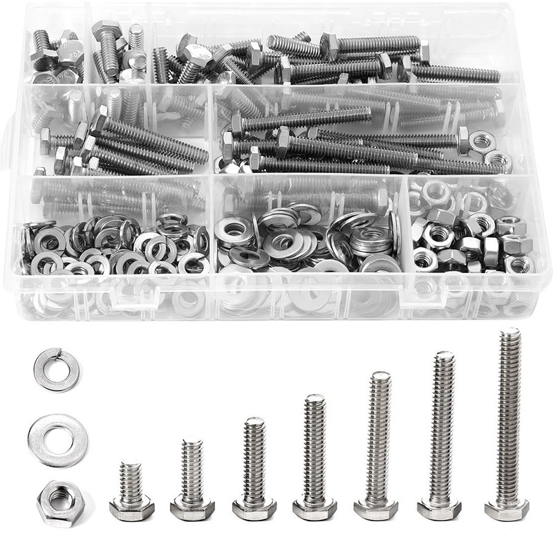 280PCs 1/4-20 Hex Bolts Screws Hex Nuts Flat Washers Lock