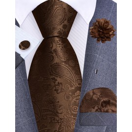 Gusleson Mens Dark Brown Tie and Lapel Pin Silk Paisley Coffee Necktie Hankerchief Cufflinks Set for Wedding (UK6105-12)