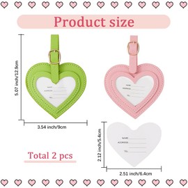 GORGECRAFT 2 Colors PU Leather Travel ID Labels for Trip Heart Shaped Leather Luggage Tags Green Pink Suitcase Travel Bag Name Tags with Adjustable Buckle Strap for Women Baggage Bag Trip Supplies