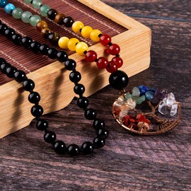 Bivei 108 Mala Beads Necklace Tree of Life 7 Chakra Wrap Bracelet Real Healing Gemstone Yoga Meditation Hand Knotted Mala Prayer Bead Necklace(Black Agate 6mm)