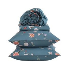 Puralens Floral Percale Bed Sheets Full Size Light Blue 4Pcs Set, Shabby Rose Print Chic 100% Cotton Fitted Sheet Set for Deep Mattress, Soft Crisp Toile Bedsheets, Luxury Vintage Boho Bedding