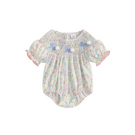 Kiluex Infant Baby Girl Romper Bunny Embroidery Floral Print Jumpsuit Ruffled Short Smocked Sleeve Bodysuits (A-a-Green, 6-9 Months)