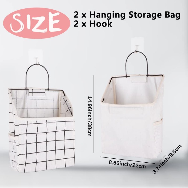 BieFuSin 2Pcs White Plaid Fabric Wall Hanging Storage with Hook,