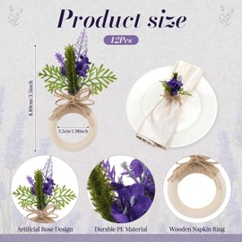 Gandeer Flower Napkin Rings Set of 12 Wooden Purple Lavender Flowers Handmade Napkin Holders for Wedding Mother's Day Birthday Dinner Luncheons Picnics Banquet