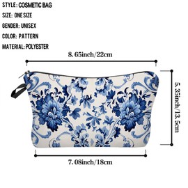YULUENZE Blue And White Porcelain Cosmetic Bag Cute Small Makeup Organizer Pouch with Zipper Chinese Style Blue And White Porcelain Toiletry Makeup Bag Present for Women