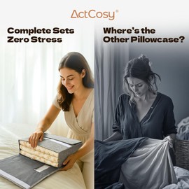 ActCosy 8Pack Sheet Organizers and Storage with Handles – Foldable Linen Closet Storage for King & Queen Sheet Sets – Clear Window & Removable Labels – Dustproof & Space-Saving Design, Grey