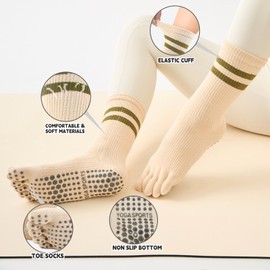 CIENCHENSOX Pilates Socks for Women, Non Slip Yoga Five Toe Grippy Socks for Hospital Barre Ballet Sticky Slipper Socks 4 Pairs Tan White Black