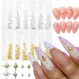 Star Nail Charms Shiny Gold Silver Star Nail Art Charms for Acrylic Nails Metallic Studs Rhinestones Star Nail Jewelry Gems Decorations Design for Daily Holiday Salon Nail Art DIY Crafts Decoration