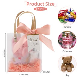 12 Pack Small Clear Plastic Gift Bags with Handles,5.12x2.76x5.91 Inch Party Favor Bags with Ribbons Raffia Paper Tags,Reusable Plastic Gift Wrap Bags for Wedding Birthday Baby Shower(Pink)