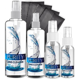 Purity Eyeglass Cleaner Family Pack - Multi-Size Lens Cleaner Kit - 1x1oz, 1x2oz, 1x4oz, 1x8oz Bottles + 4 Premium Microfiber Cloths - Safe for All Lenses, Eyeglasses, & Screens - Streak-Free Formula