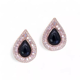 Pear Shaped Onyx Black & Cubic Zirconia Rose Gold Plated Necklace Earrings Set