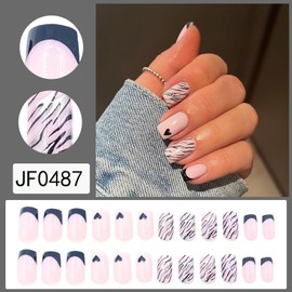 Press on Nails Square Short Length Acrylic Glossy Full Cover Square Black French False Nails with Heart Line Designs Artificial Extra Short Fake Nails Glue Stick ons Fingernails for Women Girls