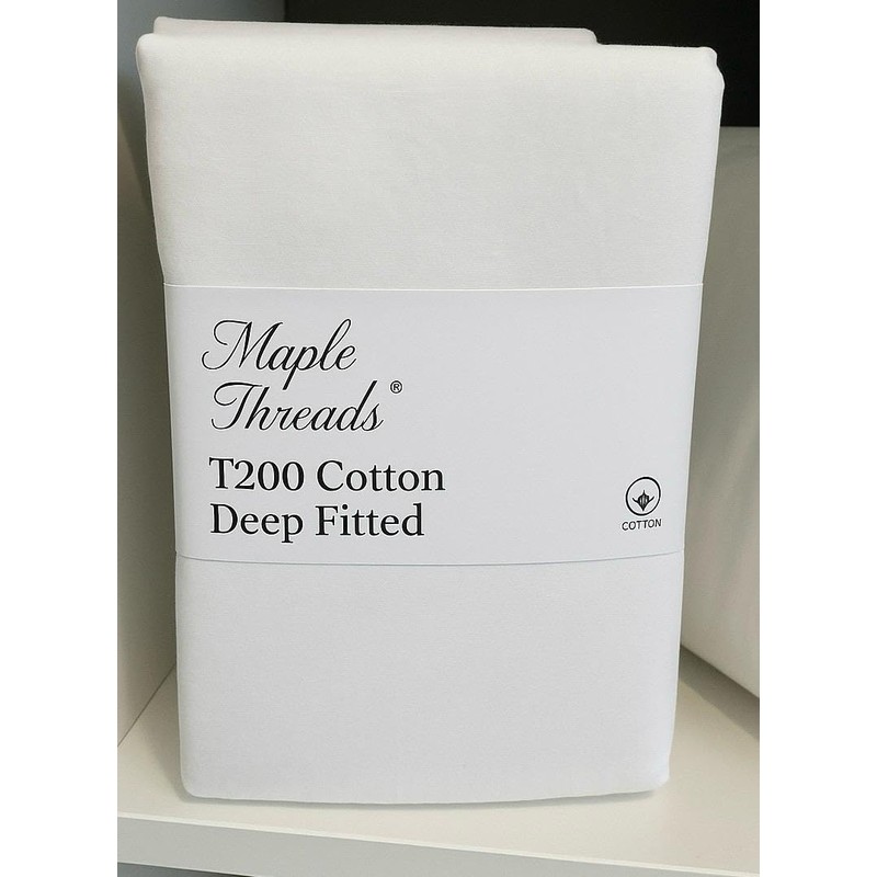Maple Threads T200 Cotton Deep Fitted Sheet, White, 190 x