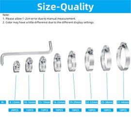 100PCS Hose Clamps Adjustable 8 Sizes(8mm-44mm), Stainless Steel Hose Clips Clamp for Flexible Hose Tube, Pipe Clamp Assorted with Screwdriver for Water Pipe, Automobile Pipe, Gas Pipe, etc
