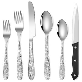 Hammered Silverware Set for 4, Heavy Duty 18/0 Flatware Set with Steak Knives, Aswwid 24 Pcs Stainless Steel Kitchen Cutlery Set Include Forks Spoons and Knives, Mirror Utensil Dishwasher Safe