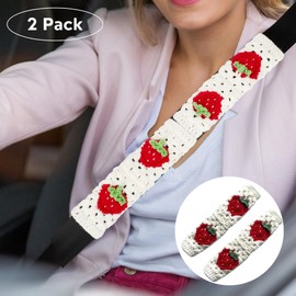 HZYZW Universal Automotive Seat Belt Cover Pad, Cute Strawberry Car Accessories for Women, Shoulder Pads Cushions, Granny Square Yarn Crochet Accessories 2 PCS (White-red Strawberry)