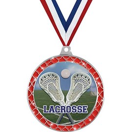 Boys Lacrosse Red Trellis Medal Silver, 2.5" Lacrosse Sticks Prizes, Kids Lacrosse Team Trophy Medal Awards 5 Pack Prime
