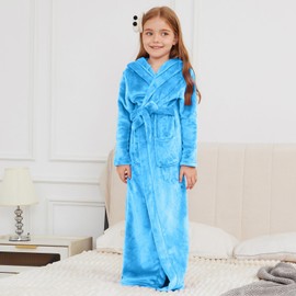 Jxstar Long Robe Bathrobe for Girls Kids Flannel Plush Soft Fleece Full Length Pajamas Sleepwear,Size 8 9