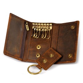 Le'aokuu Mens Genuine Leather Car Key Case Loop Hook Coin Case Cover Wallet Snap 1064（B Dark Brown）