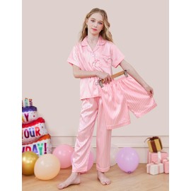 DIPUG Girls Pajamas Satin Three-Piece Pajama Set Silk Pjs Short Sleeve Sleepwear(Jacquard Light Pink)