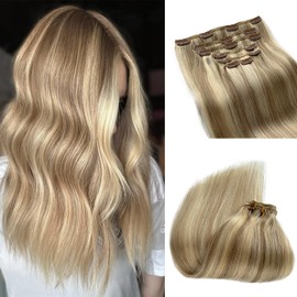 Blonde Clip in Hair Extensions, Soft Fine Real Human Hair Ash Blonde Clip in Extensions for Women Double Weft Platinum Human Hair Extension with Highlight Clip ins 20 Inch 70G