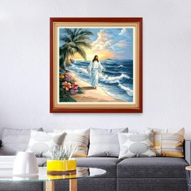 Foxhool Stamped Cross Stitch Kits,11CT Printed Cross Stitch Pattern Full Embroidery Kits for Beginner Needlepoint Kits&Jesus by The Sea 18x18 inch