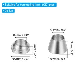 PATIKIL 4mm Tube OD 304 Stainless Steel Compression Tube Fitting Sleeve, 20 Pack Double Ferrule Ring Tubing Fitting Assortment Kit, Silver