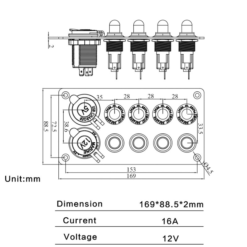 IZTOSS 4 Gang Aluminum Push Button Switch Panel with 5V/4.8