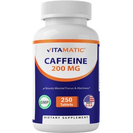 Vitamatic Caffeine Pills 200mg per Serving, 250 Vegetarian Tablets - Nootropic Supplement for Focused Energy