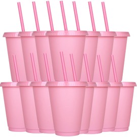 Yisituo 480ml Reusable Plastic Cups, 15 Pack of Kids Tumbler with Lid and Straw, for Cold Drinks, Iced Coffee, Travel and Smoothies (15, Pink)