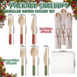 150 Pack Pre Rolled Bamboo Cutlery Napkin Set, Red Green