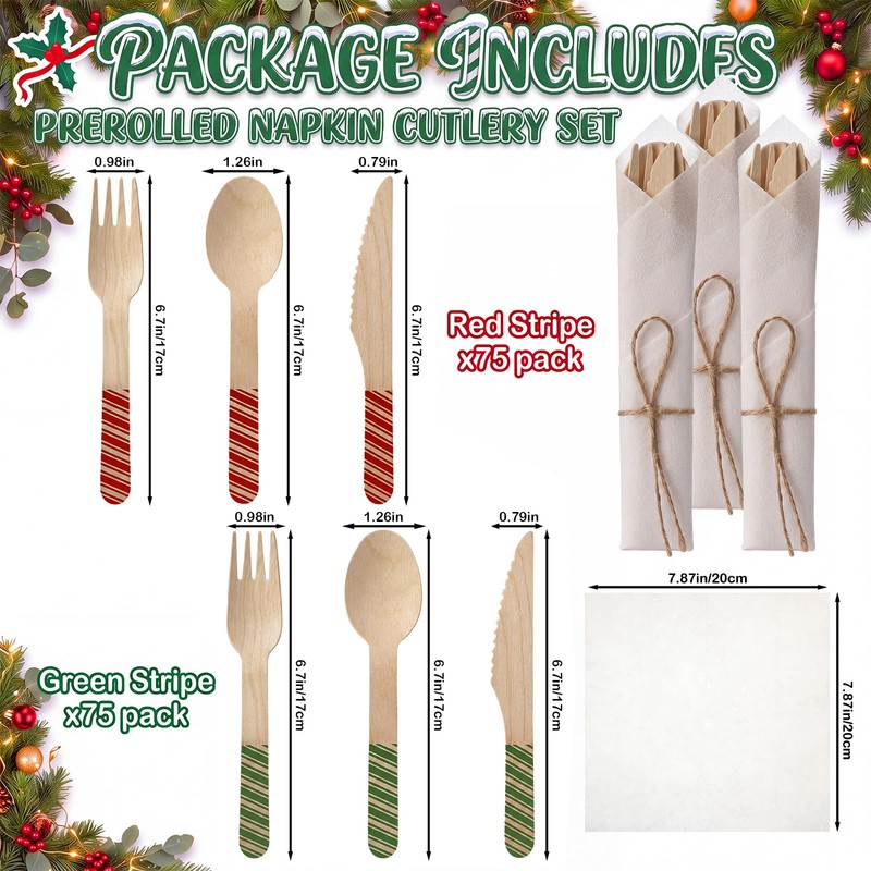 150 Pack Pre Rolled Bamboo Cutlery Napkin Set, Red Green