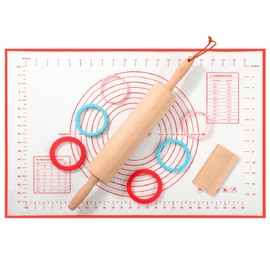 WitHlper 17.5" x 2.5"Handle Beechwood Rolling Pin for Baking Pizza,Pies,Cookies,Pastries,3 Thickness Rolling Pin Guide Ring Food Grade Silicone Strips,Silicone Mat (4)