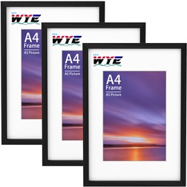 wyewye A4 Frame 3 Pack, Wood A4 Picture Frames with Stand, Tabletop or Wall Hanging, A4 Black Frame with A5 Mount, Document Frame with Plexiglass Window, Black