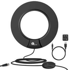 1byone Amplified HDTV Antenna, The World's First Antenna with Smart Box, 60 Miles Omni-Directional Antenna with Antenna-Stand and 10 Feet High Performance Coaxial Cable-Black