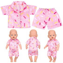Baby Doll Clothes for 16-18 Inch Doll 40cm Baby Doll for Girls Pink Stripes Baby Doll Pajamas Outfit with Socks for Child Birthday Cute Cartoon Doll Clothes