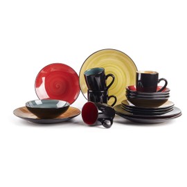 HomeVss, Stoneware Sonoma 16pc Dinnerware Set, Black + Speckled Spin Wash, Mix Blue, Green, Red, Yellow